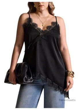 Plus Size Lace Trim V Neck Asymmetrical Cami Spaghetti Strap Sleeveless Top